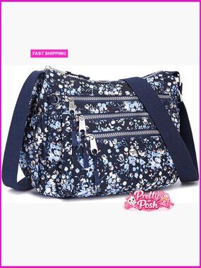 Nylon Crossbody Bag with 10 Pockets, Lightweight Travel Satchel
